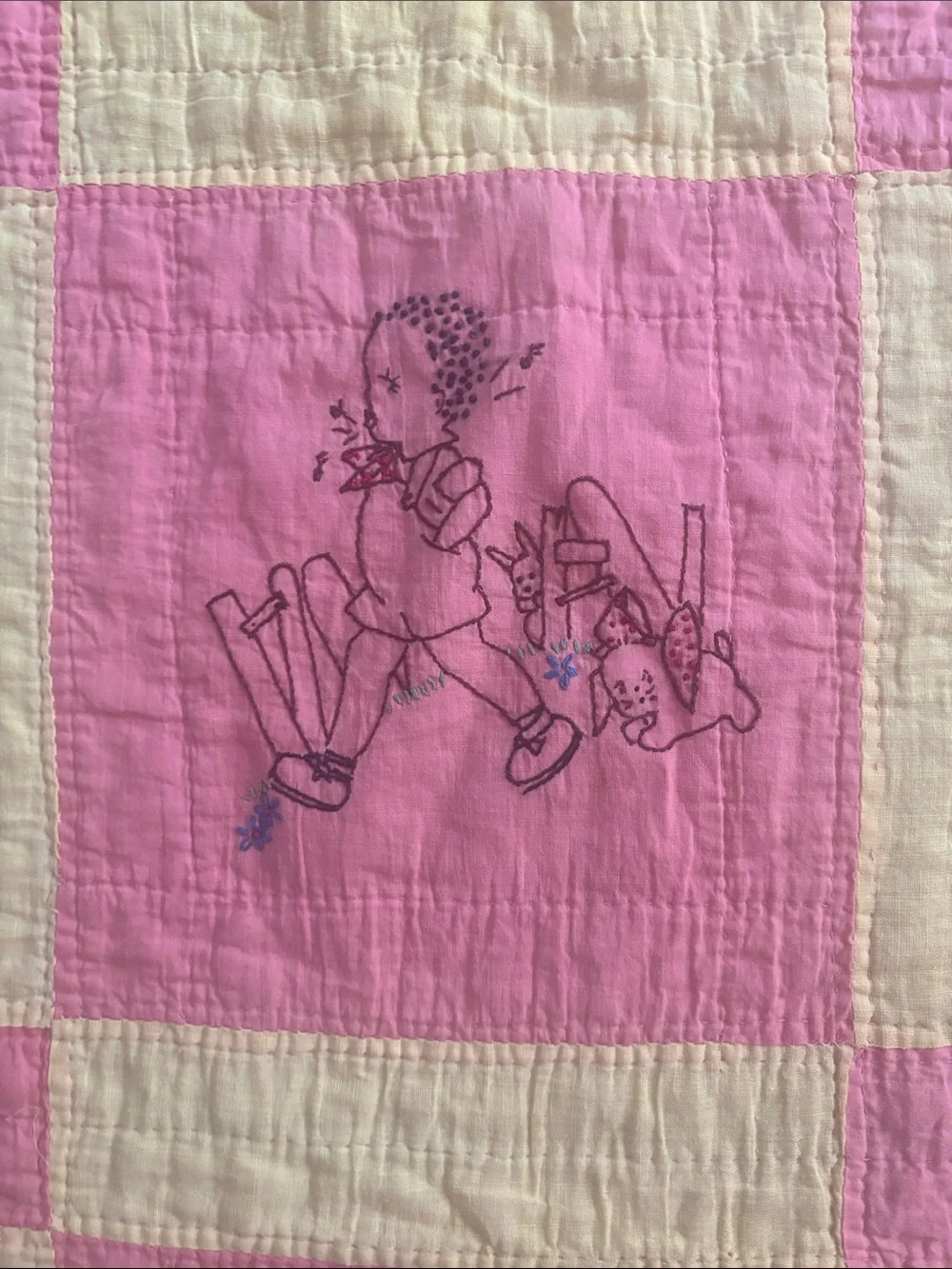 Vintage Pink and Yellow Patchwork Baby Quilt with Embroidered Design
